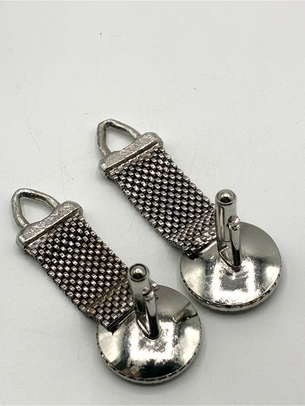 Vintage Silver Tone Mesh Cufflinks Red Rhinestone Wrap Around Formal